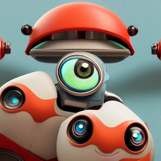 Prompt: two small chubby bots, hyperdetailed colourful, smooth panelling, intricate detail, holding, single eye, style of cute pokemon, rusty arms, antenna, gerbil, floating, white studio, mechanical, cute toy, wall - e, ambient light, in the style of pixar animation, pokedstudios,, blender, octane render, 8 k,