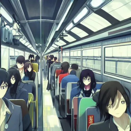 Prompt: The Interior of a Metro Train at Shinjuku, Anime concept art by Makoto Shinkai