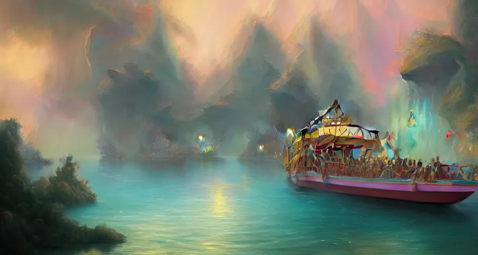 Image similar to an amusement park boat ride with pastel colors by peter mohrbacher, vivid colors, matte painting, 8K, concept art, mystical color scheme, trending on artstation