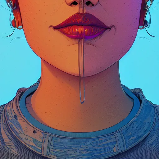Image similar to a beautiful detailed line art illustration of an attractive female biting her lip, centered, by dan mumford and moebius and beeple, trending on artstation, vivid colors, dim dusk lighting, cinematic lighting, detailed lighting, volumetric lighting, realistic, f 8, 4 k hd wallpaper