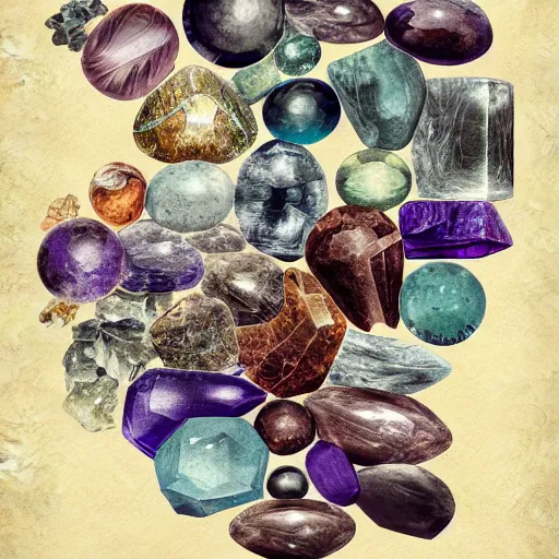 Image similar to full page antique lithograph of gemstones minerals, White background, art print, clean brush stroke, realistic highly detailed, 8k post-processing highly detailed, rendered by octane engine, esty,