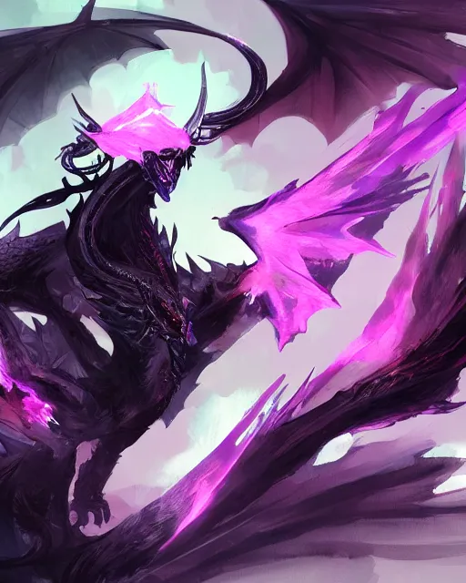 Image similar to concept art of a black dragon with purple neon wings, highly detailed painting by dustin nguyen, akihiko yoshida, greg tocchini, 4 k, trending on artstation, 8 k