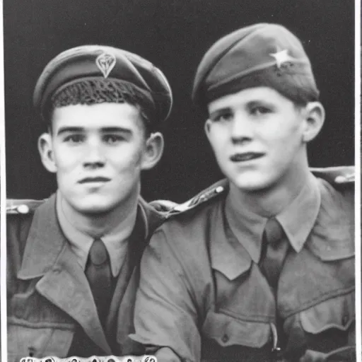 Prompt: a professional photograph of two handsome young wwii soldiers finding love in the trenches