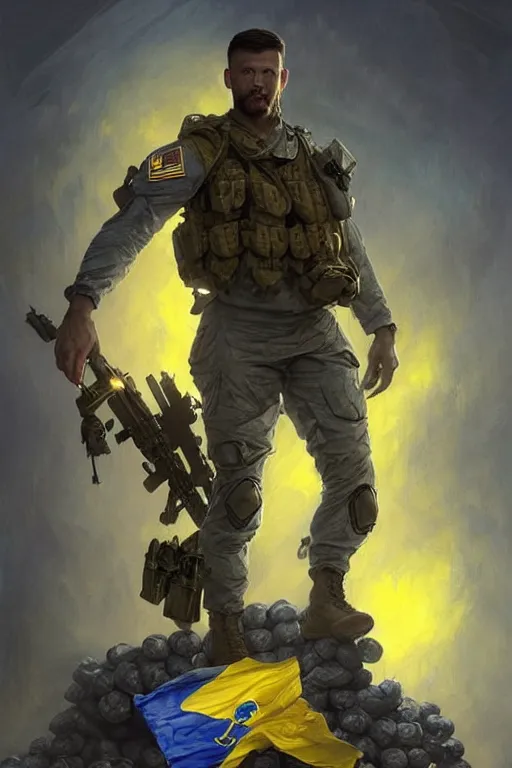 Image similar to special forces soldier with ukrainian blue yellow flag standing on a pile of skulls as a winner, masculine figure, d & d, fantasy, bright atmosphere, volumetric lights, intricate, elegant, extremely detailed, digital painting, artstation, concept art, matte, smooth, sharp focus, hyper realistic, illustration, art by artgerm and greg rutkowski and alphonse mucha