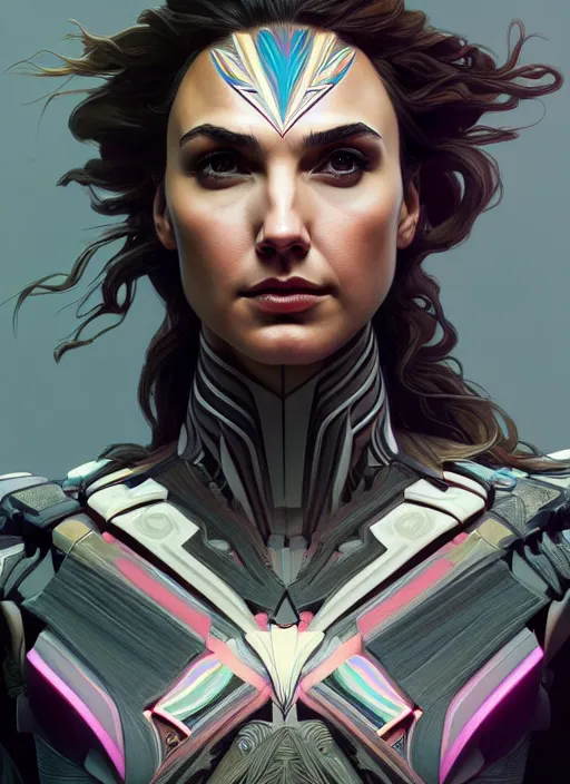 Image similar to symmetry!! portrait of gal gadot, floral! horizon zero dawn machine, intricate, elegant, highly detailed, digital painting, artstation, concept art, smooth, sharp focus, illustration, art by artgerm and greg rutkowski and alphonse mucha, 8 k