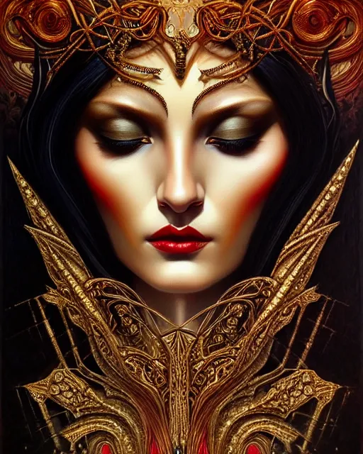 Image similar to portrait of a beautiful goddess, enigmatic beauty, dominant shades of black, gold silver, dark red, white, head in focus, fantasy art, ornamental aesthetics, intricate, elegant, highly detailed, hyperrealistic, artstation, concept art, soft illumination, painterly, sharp focus, by karol bak