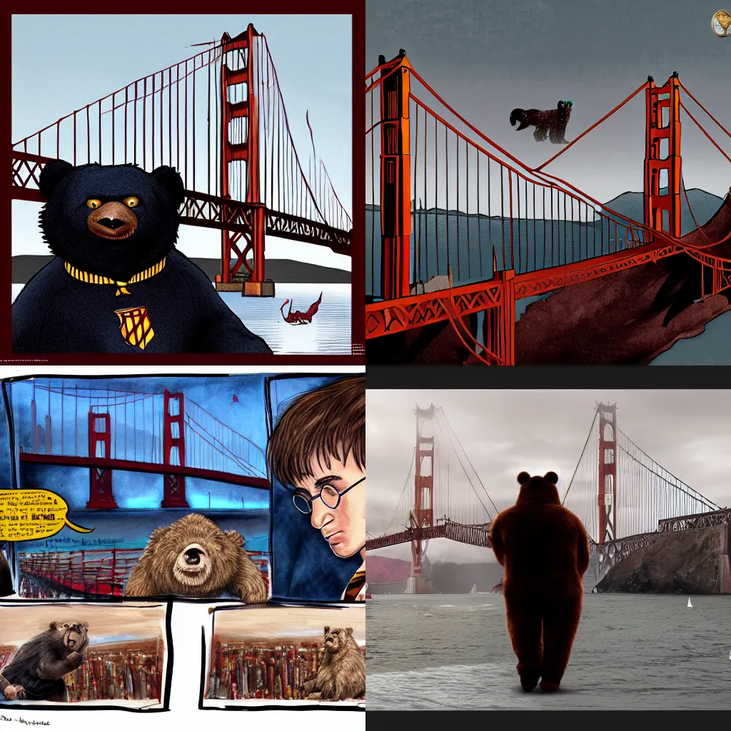 Prompt: harry potter faces the terrible monstrous bear with the golden gate bridge in the background. harry is overshadowed by the bear | trending on artstation