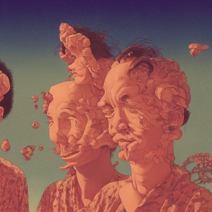 Image similar to close up portrait of a man and woman having fun with lsd and magic mushrooms by kawase hasui, moebius, Edward Hopper and James Gilleard, Zdzislaw Beksinski, Steven Outram, 8k, volumetric lighting, artstation