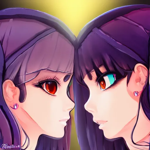 Image similar to a scene of two beautiful queens facing each other in front of a thrown, detailed gorgeous eyes, symmetrical faces, detailed anime art