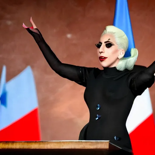 Image similar to Lady Gaga president of Argentina, Argentina flag behind, bokeh, detailed, hd, waving hands, in Argentine Congress