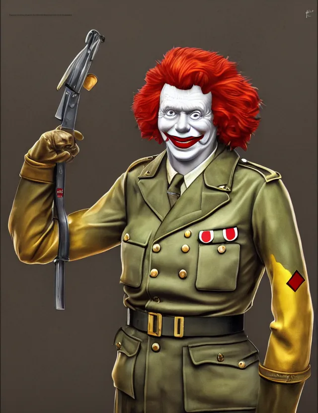 Prompt: a portrait of ronald mcdonald wearing a ww 2 german uniform, by moebius and tyler edlin and hr giger, trending on artstation, digital art, 4 k resolution, detailed, high quality, sharp focus, hq artwork, coherent, insane detail, concept art