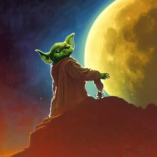 Prompt: portrait of yoda howling at the moon as a wolfman, overwhelming energy, detailed background by m. w. kaluta + bruce pennington, dark side, neon color, volumetric lighting, colorful vapor, deep dark color, floating molecules, digital painting, oil painting, artwork by ralph mcquarrie + cory loftis + andreas rocha + paul lehr + ian mcque + eddie mendoza