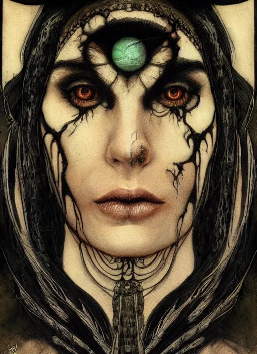 Image similar to tripping magic cult psychic woman, painted face, third eye, energetic consciousness psychedelic, epic surrealism expressionism symbolism, symmetrical face, by joao ruas, karol bak, masterpiece