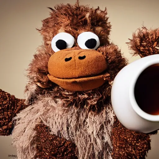 Prompt: a huggable brown rabbit muppet monk wearing a wolf skull as a mask and dat beside a cup of tea, photorealistic, nature, photography, national geographic, sesame street