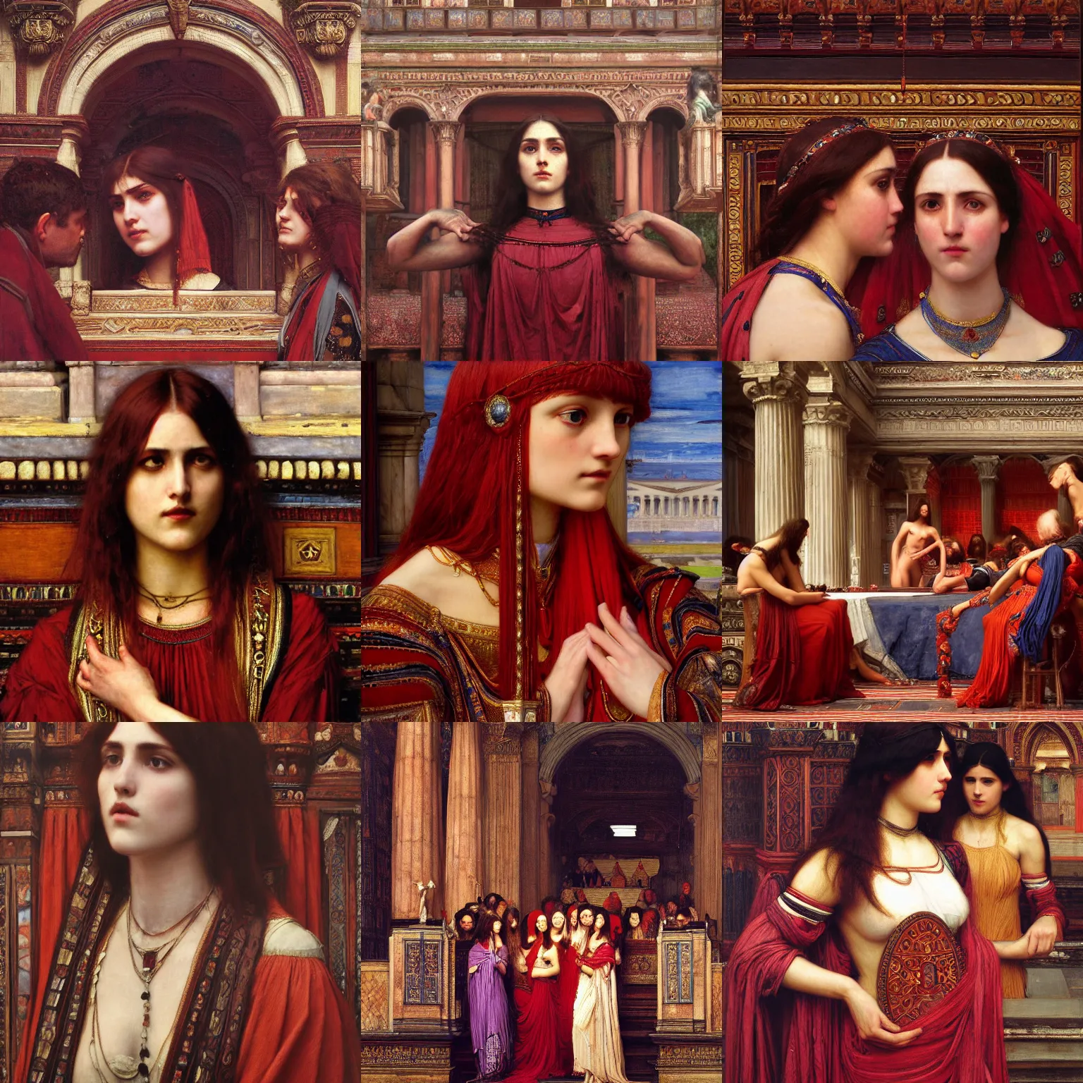 Prompt: the court of the crimson king intricate painting by john william waterhouse and Edwin Longsden Long and Theodore Ralli and Nasreddine Dinet, oil on canvas. Cinematic, hyper realism, dramatic lighting, high detail 8k