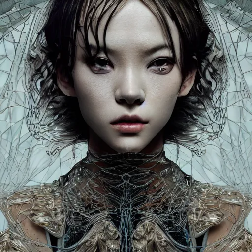 Image similar to the portrait of an absurdly beautiful, graceful, elegant, sophisticated, fashionable cyberpunk gravure idol, an ultrafine hyperdetailed illustration by kim jung gi, irakli nadar, takato yamamoto, intricate linework, bright colors, porcelain skin, unreal engine 5 highly rendered, fashion photography, fractal background, global illumination, radiant light, detailed and intricate environment