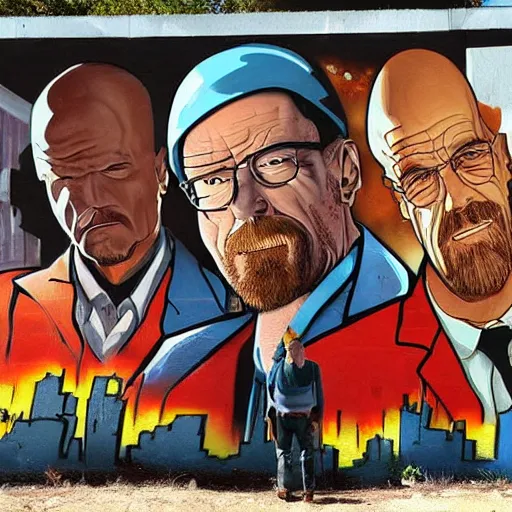 Prompt: a graffiti mural of breaking bad in the art style of Banksy