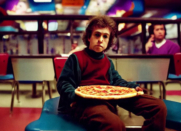 Image similar to detailed portrait of charlie kaufman eating pizza at chuck - e - cheese, dramatic lighting, moody film still from being john malkovich ( 2 0 1 0 ), 3 5 mm kodak color stock, 2 4 mm lens, directed by spike jonze, ecktochrome