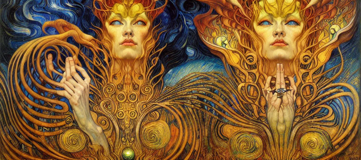 Image similar to Divine Chaos Engine by Karol Bak, Jean Delville, William Blake, Gustav Klimt, and Vincent Van Gogh, symbolist, visionary