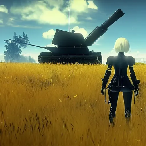 Prompt: russian tank boss fight from nier : automata in yellow rye field under pure blue skies
