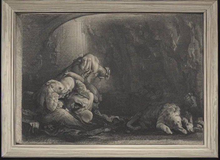 Image similar to Pieter Claesz's 'viewer looking into dark cave and seeing a mother bear and her cubs sleeping', night time, cross hatching, framed