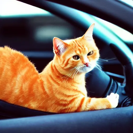 Image similar to an orange tabby cat driving a car, his paws are on the steering wheel