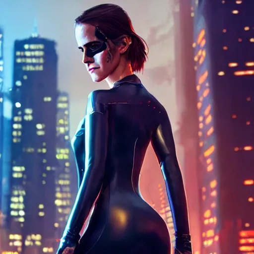 Prompt: a portrait of emma watson wearing skintight latex suit, cyberpunk city in the background as seen by greg rutkowski, light theme, enchanted, warm colors, high quality, waw, trending on artstation