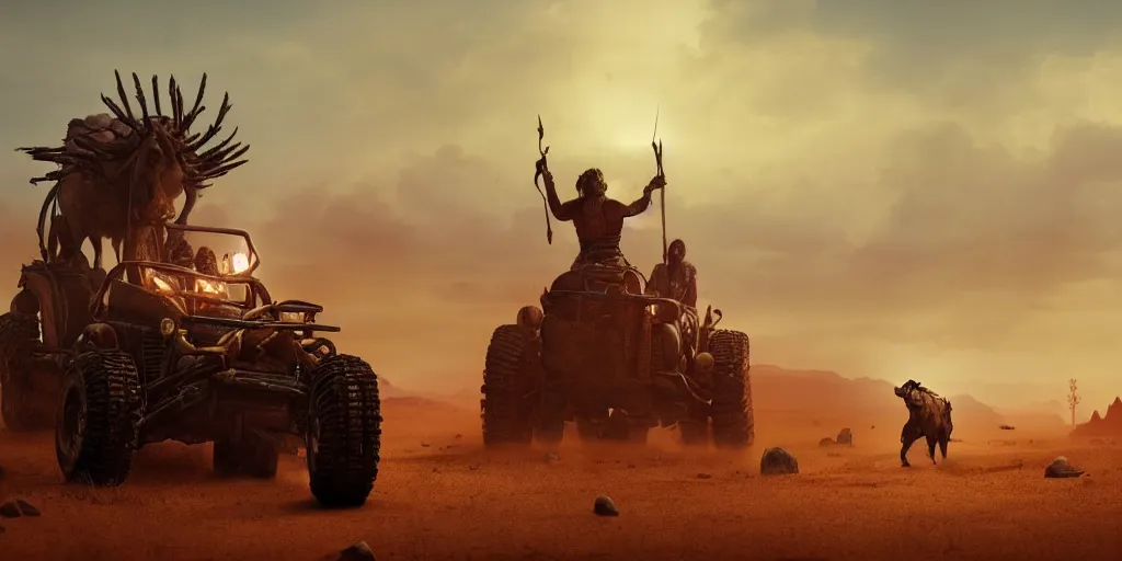 Image similar to solo ancient indian on atv, buffalo chase ,attacking, action scene, an epic fantasy, dramatic lighting, cinematic, establishing shot, extremely high detail, photorealistic, cinematic lighting, artstation, octane render, by simon stalenhag, horizon forbidden west,old photo, high speed photography, vintage, mad max