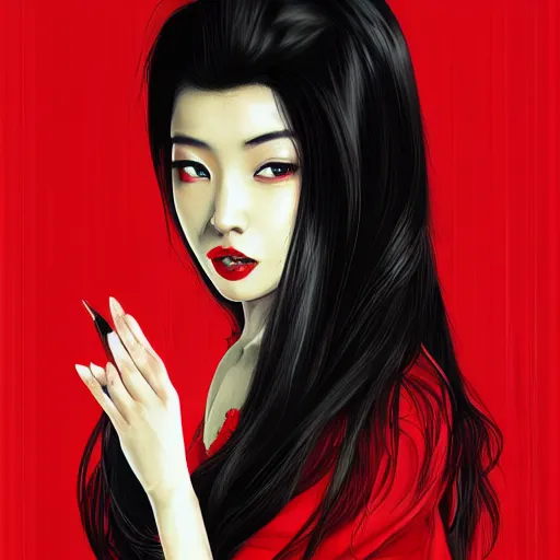 Image similar to stunning comic book style portrait painting of Long Black Haired asian woman wearing red dress, red eyes, in the style of WLOP, 8k masterpiece, cinematic lighting, pristine clean design, high fantasy, insanely detailed, atmospheric,