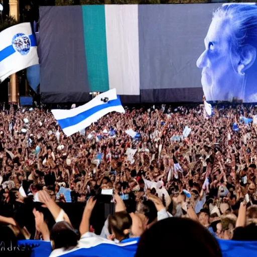 Image similar to Lady Gaga as president, Argentina presidential rally, Argentine flags behind, bokeh, giving a speech, detailed face, Argentina