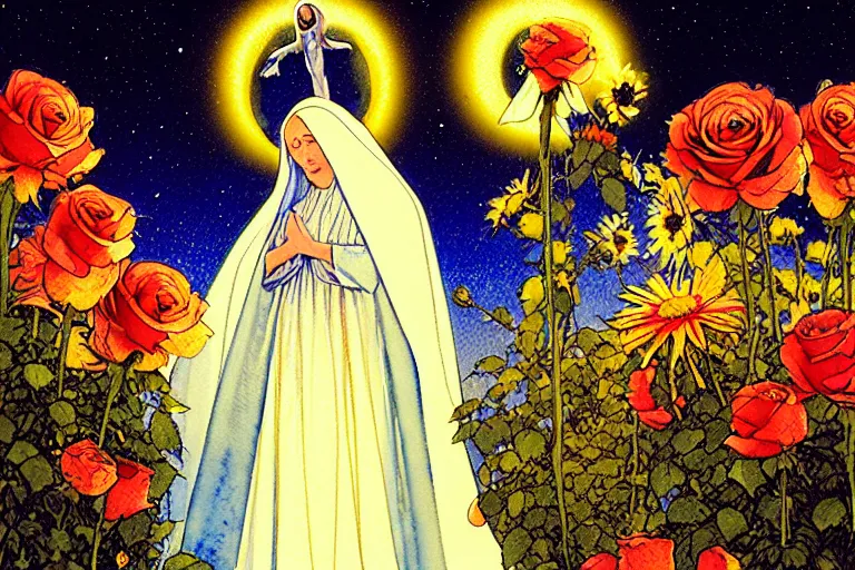 Prompt: a hyperrealist watercolour character concept art portrait of the blessed mother mary on well lit night in las vegas, nevada. there is a ufo. roses and daisies adorn. by rebecca guay, michael kaluta, charles vess and jean moebius giraud