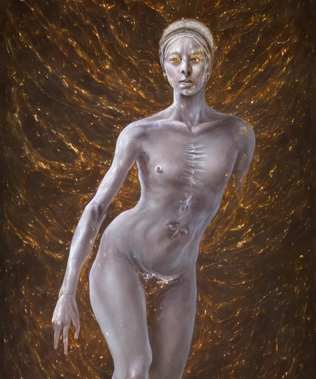 Image similar to Beautiful full-body wax sculpture of glowing transparent woman in glowing cloth with visible gold bones covered with melted white wax inside the singularity where stars becoming baroque folds of dark matter by Michelangelo da Caravaggio, Nicola Samori, William Blake, Alex Grey and Beksinski, dramatic volumetric lighting, highly detailed oil painting, 8k, masterpiece