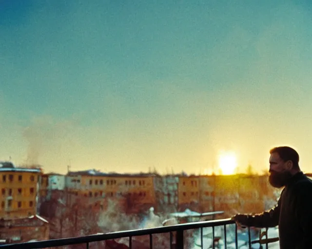 Prompt: lomo photo of 4 0 years russian man with beard and sweater standing on small hrushevka balcony full with cigarette smoke in small russian town looking at sunset, film still, atmospheric, cinestill, bokeh