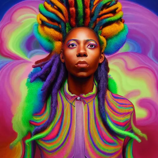 Image similar to a wide angle shot of a black girl with colorful dreadlocks in a field of candy, by Adi granov and afarin sajedi and amanda sage and evgeni gordiets and Agostino Arrivabene and adonna khare in a psychedelic portrait style, ultrarealistic matte painting, volumetric lighting, fractal, extremely symmetrical, highly detailed face, orisha, 8k, hd