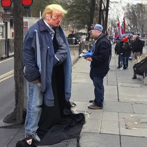 Image similar to donald trump dressed as a homeless man asking for money on the streets, detailed face