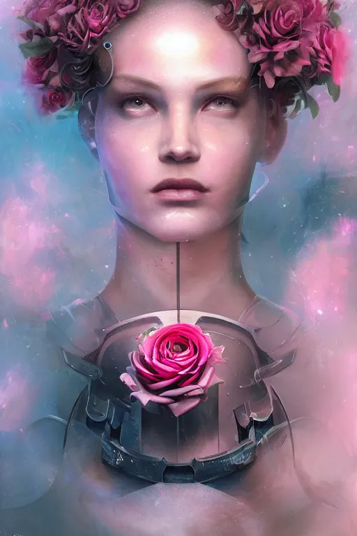 Image similar to cyborg floral highly detailed digital art SURREALIST, pink rose divine woman divine space explorer , nekro art WLOOP ROSDRAWS Tom Bagshaw, Craig Mullins, cinematic lighting, symmetrical face, beautiful woman moody lighting, volumetric, ultra-realistic, cinematic atmosphere, Epic, photorealism presented in artstation hyperrealism, award winning artwork, artstation trend, high quality print, fine art with subtle redshift rendering