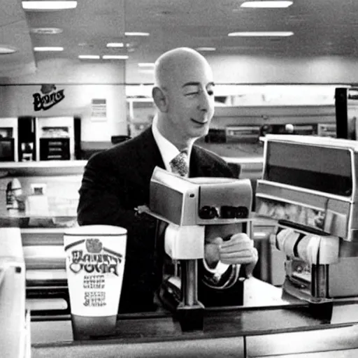 Image similar to retro photo of jeff bezos working at burger king, high quality