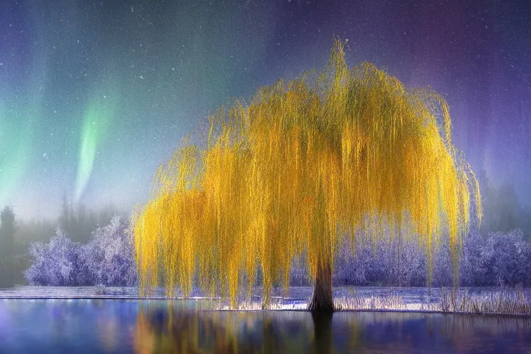 Prompt: a magical weeping willow tree in a mystical atmosphere during autumn and blessed by fae, on a frozen river with orange and yellow leaves and aurora borealis by denis forkas and alan lee, rendered in mandlbulb3d