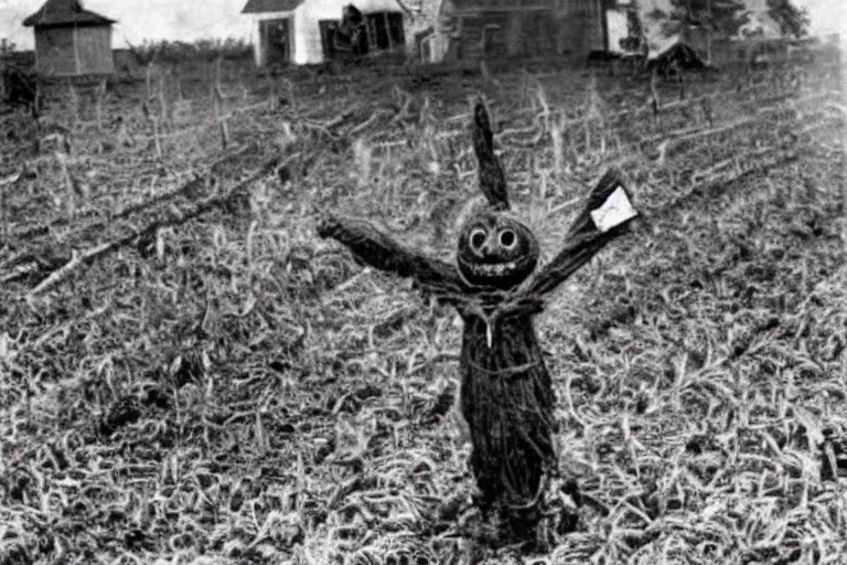 Prompt: disturbing screaming scarecrow from the early 1 9 0 0's burning down the cornfields