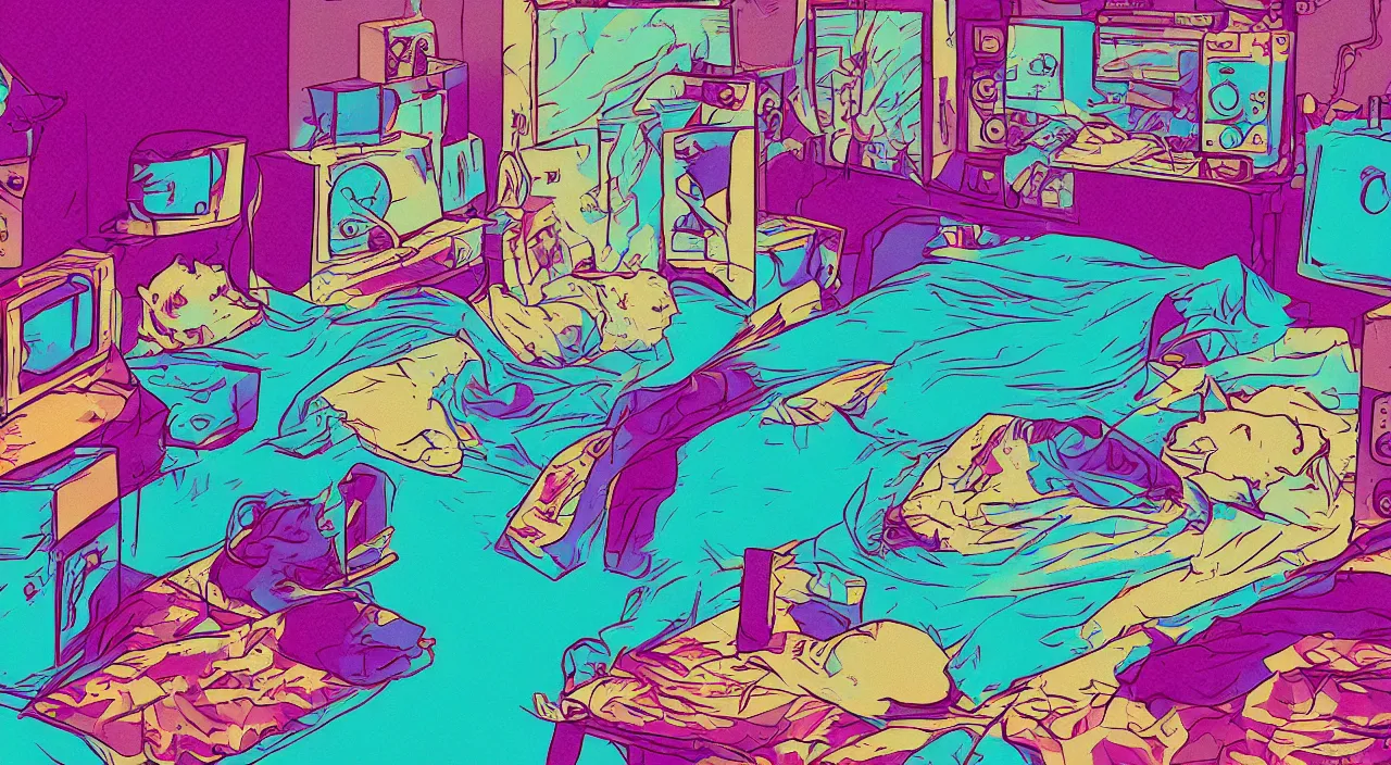 Image similar to A sick cat laying in a bedroom, retro wave, digital art