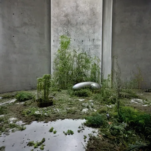 Prompt: an abandoned room in a concrete building, modern avant - garde, few overgrown plants, dreamy, overcast, by hans bellmer