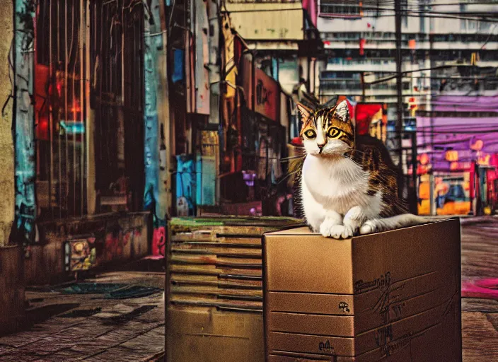 Image similar to photography of a Cat sitting on a box. in a cyberpunk street, award winning photo, saturated, colored, colors, 100mm, sharp, high res