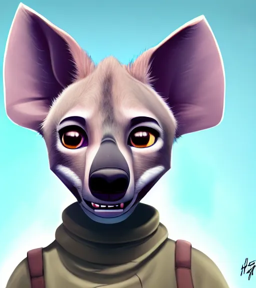 Image similar to digital detailed portrait of anthromorphic female hyena, in style of zootopia, fursona, furry, furaffinity, 4 k, deviantart, wearing astronaut outfit, in style of disney zootopia, floating in space, space background, in deep space, dark background, hyena fursona, cyberpunk, female, detailed face,