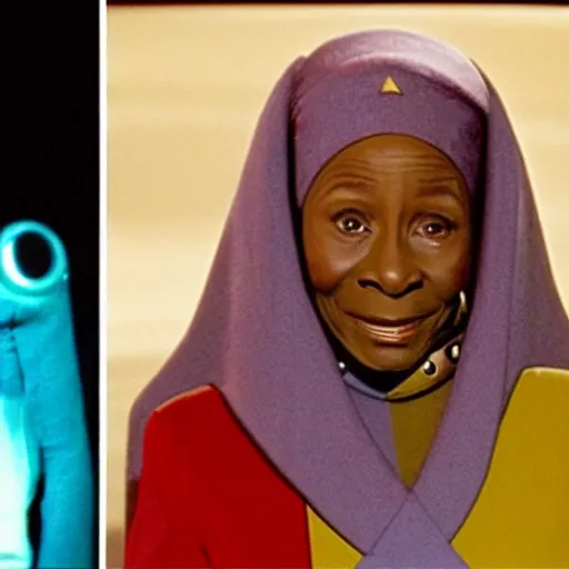 Prompt: guinan from star trek wearing random colored circles and shapes and angles on her head on the starship enterprise