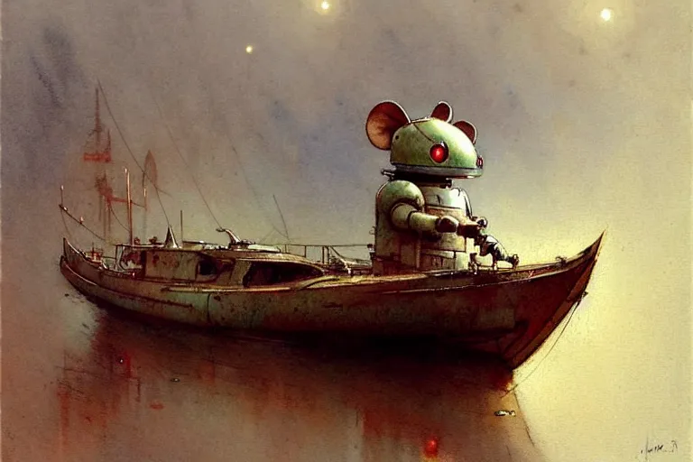 Image similar to adventurer ( ( ( ( ( 1 9 5 0 s retro future robot android mouse house boat tug boat calm stream. muted colors. ) ) ) ) ) by jean baptiste monge!!!!!!!!!!!!!!!!!!!!!!!!! chrome red