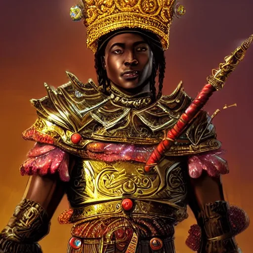 Prompt: a young black boy dressed like an african moorish warrior in gold armor and a crown with a ruby, and a very ornate glowing staff, for honor character digital illustration portrait design, by android jones in a psychedelic fantasy style, dramatic lighting, hero pose, wide angle dynamic portrait