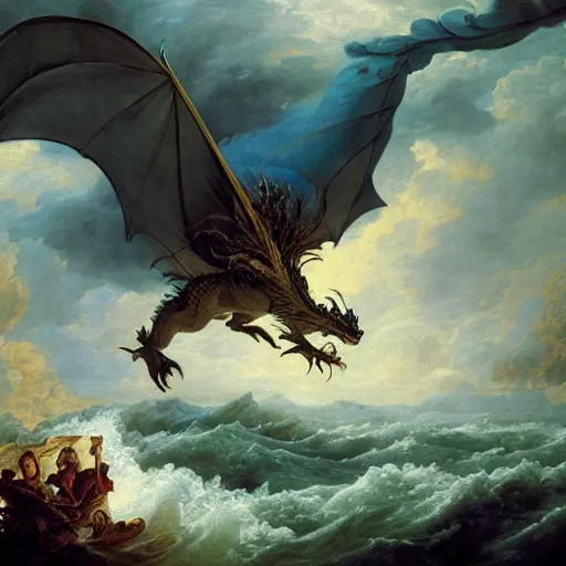 Prompt: A fantasy book style portrait painting of a dragon in a stormy sea, François Boucher, Oil Painting, unreal 5, DAZ, hyperrealistic, octane render, Regal, Refined, Detailed Digital Art, RPG portrait, William-Adolphe Bouguereau, Michael Cheval, Walt Disney (1937), Volumetric Golden dappled dynamic lighting, Highly Detailed, Cinematic Lighting, Unreal Engine, 8k, HD