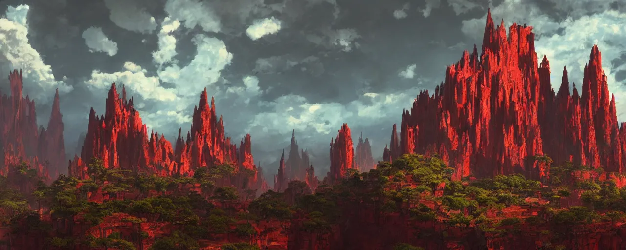 Prompt: cathedral, gothic architecture, carved of red rock, top of a canyon, vultures, concept art by studio ghibli and eddie mendoza, atmospheric, moody, dappled evening sunlight, dramatic clouds, cinematic, volumetric lighting, 8K