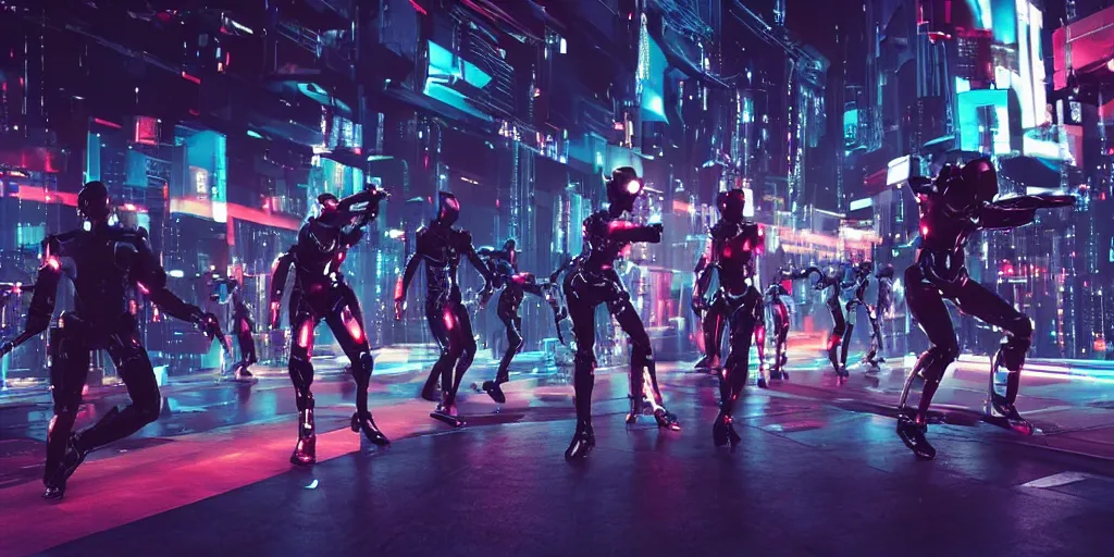 Prompt: Cyberpunk android chrome Robots running in a dramatic movie scene with dynamic dancer movements and motion blur and bokeh, shot on imax, cinematic scene, cinematographic composition, CineStill 800T Film