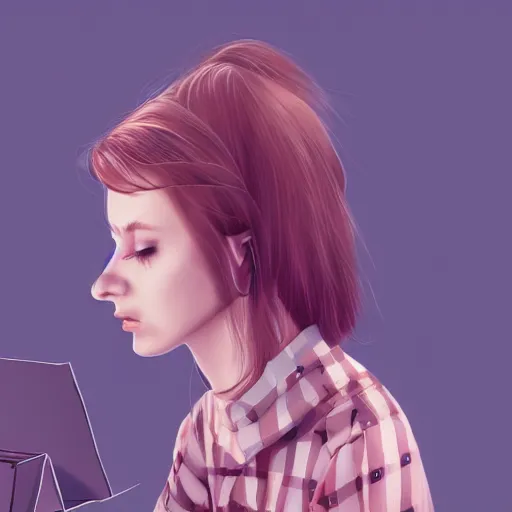 Prompt: finnish girl in pyjamas working on computer, tired bags around eyes, digital art, artstation